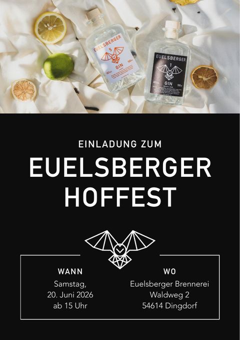 Invitation design for the Euelsberger Hoffest. Featured are two gin bottles and lilac-beige decor with a date and venue.
