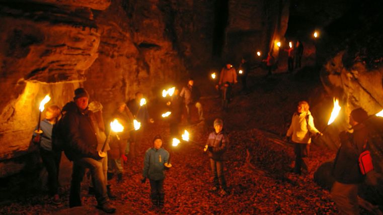 Een groep mensen loopt met fakkels door een donkere grot. De vloer is bedekt met bladeren, en het licht van de fakkels verlicht de omgeving.
