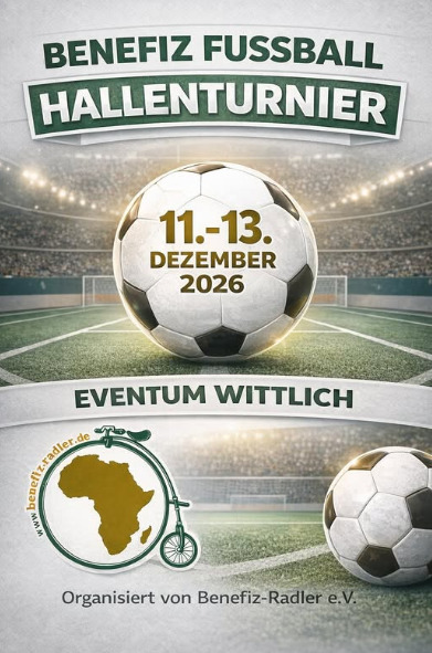 A poster for a charity indoor soccer tournament. The event takes place from December 11 to 13, 2026, in Wittlich.