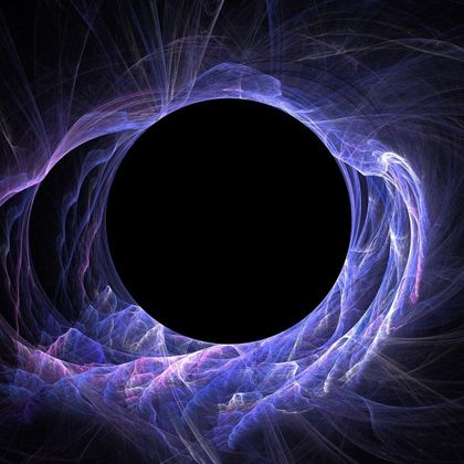 An abstract image with a black core, surrounded by bright, purple and blue lines. The colors and shapes create a sense of depth and movement.