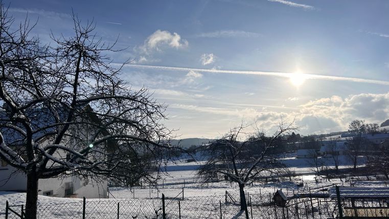 A snow-covered landscape with bright sunshine and a blue sky. Trees and a fence can be seen in the foreground.