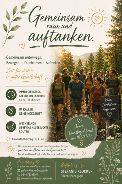 Eine Gruppe von Menschen wandert durch einen Wald. Sie genießen die Natur und verbringen Zeit in guter Gesellschaft.