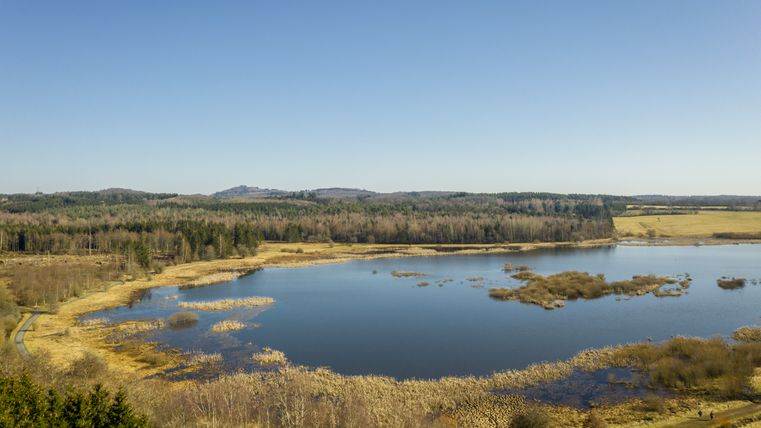 Der Blick über den Weiher und die weite Landschaft bei sonnigem Wetter