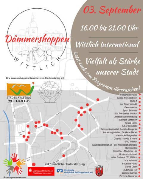 The image shows an event poster for the "Dämmer Shopping" in Wittlich on September 3rd. It contains information about the times, the theme of the event, and a map with locations.