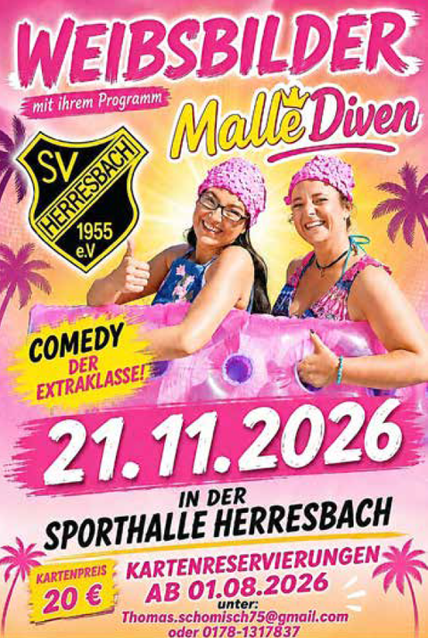 Ein farbenfrohes Werbeplakat für eine Comedy-Show mit dem Titel "Malle Diven". Es zeigt zwei lächelnde Frauen in Badebekleidung und weiteren bunten Accessoires.