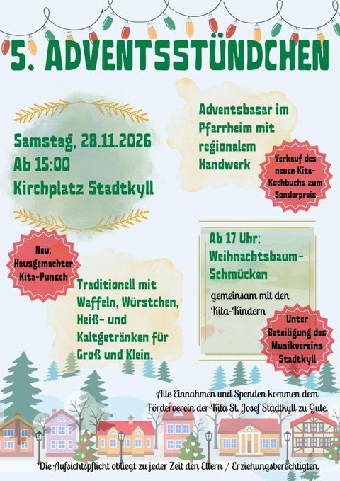 Ein Flyer für das Adventsstündchen mit Informationen zu einem Weihnachtsmarkt. Es werden Waffeln, Würste und regionale Handwerkskunst angeboten.
