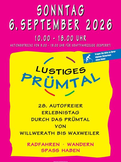 Ein buntes Plakat für eine Veranstaltung im Prümertal mit dem Titel "Lustiges Prümertal". Es zeigt das Datum, die Uhrzeit und Aktivitäten wie Radfahren und Wandern.