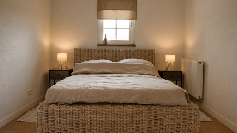 Ein gemütliches Schlafzimmer mit einem gedämpften Licht. Das Bett ist mit beige Bettwäsche dekoriert und es gibt Nachttische mit Lampen.