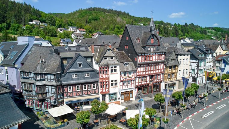 A picturesque city view with colorful half-timbered houses and a green hilly backdrop in the background. The street is lively and lined with cafés and trees.