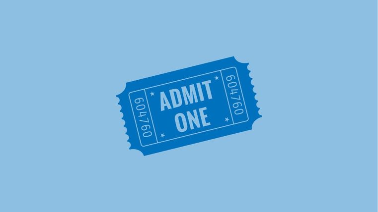 Ein blauer Eintrittskarte mit der Aufschrift „ADMIT ONE“. Sie zeigt eine einfache und klare Gestaltung.