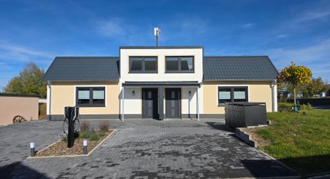 A modern single-family house with a bright facade paint and a well-kept front yard. The driveway is paved with cobblestones and surrounded by green areas.
