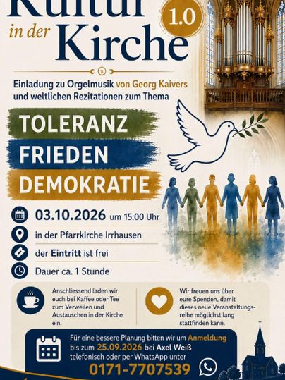 Een evenementenposter voor een concert in de kerk. Het beschrijft het thema tolerantie, vrede en democratie en geeft details over datum, tijd en toegangsprijs.