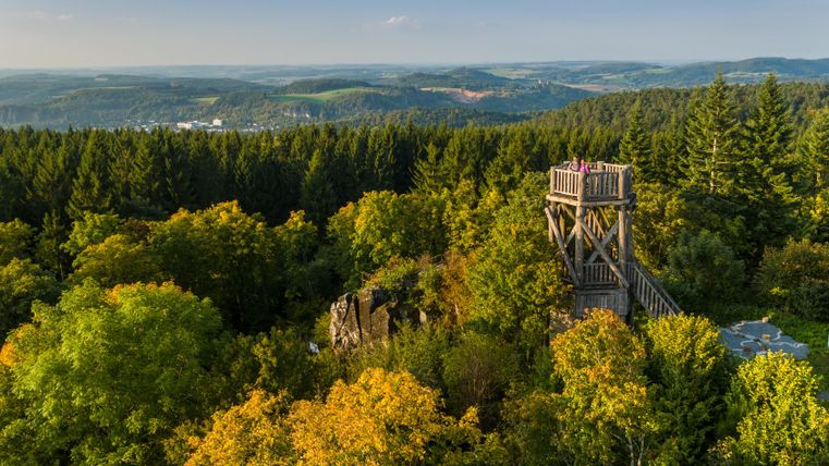 Tour d'observation Dietzenley au milieu d'une forêt automnale avec une vue étendue sur le paysage.