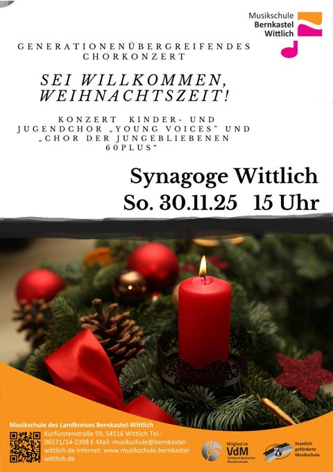 Ein Plakat für ein generationsübergreifendes Chorkonzert in der Synagoge Wittlich. Das Konzert findet am 30. November 2025 um 15 Uhr statt und umfasst verschiedene Kinder- und Jugendchöre.