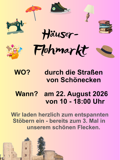Ein bunter Flyer für einen Häuser-Flohmarkt. Er findet am 22. August 2026 in den Straßen von Schönecken statt und lädt zum Stöbern ein.