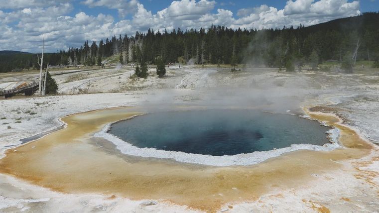 Ein ruhiger See mit spiegelndem Wasser und einer Baumwurzel im Vordergrund. Im Hintergrund sieht man sanfte Hügel und leicht bewölkten Himmel.