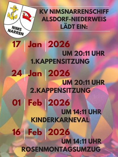 Een evenementenbericht voor het KV Nimsnarrenschiff Alsdorf-Niederweis. Het toont de data voor Kappensitzungen, kinderkarneval en de Rosenmontagsoptocht in 2024.