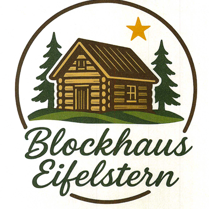 Une cabane en rondins rustique avec une structure en bois et un toit dans des tons de brun. Entourée de sapins verts et d'une étoile brillante au-dessus.