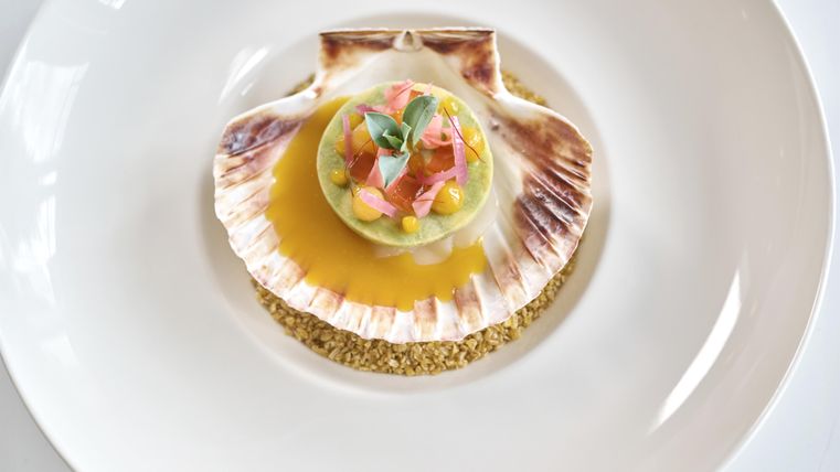 Un plat élégant avec des coquilles Saint-Jacques dans une coquille. Il est artistiquement dressé avec des légumes frais et une sauce claire.