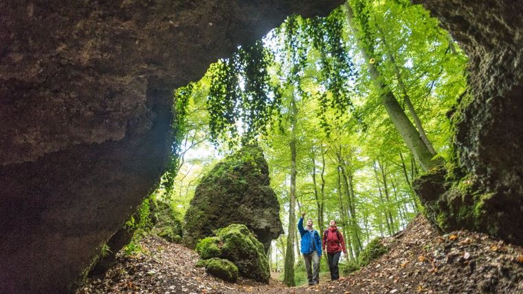 Deux randonneurs dans la forêt, photographiés depuis une grotte.