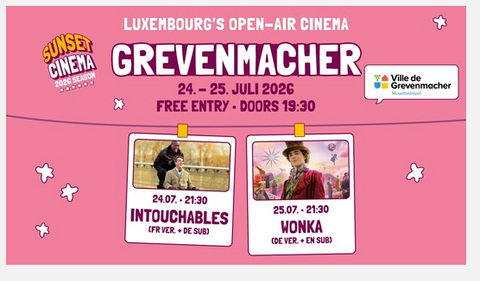 Une affiche pour le cinéma en plein air à Grevenmacher. Les films "Intouchables" et "Wonka" seront projetés les 24 et 25 juillet 2026.