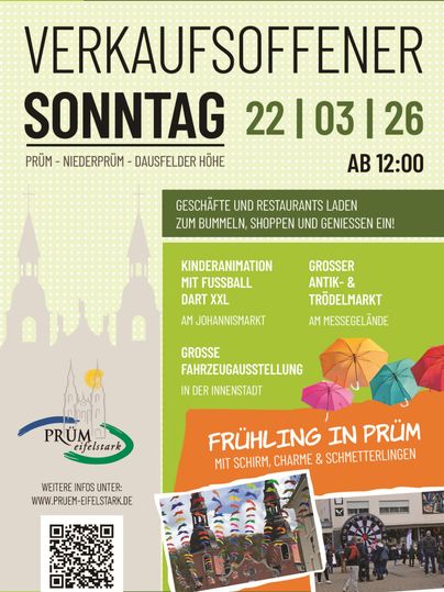 An advertising poster for a sales-open Sunday in Prüm. It shows various activities starting at 12:00 PM, including children's entertainment and a vehicle market.