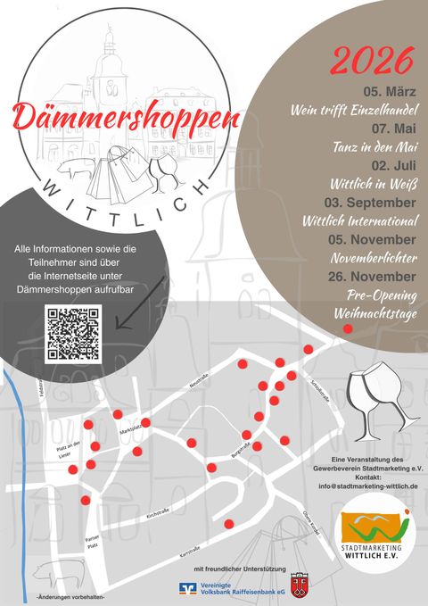 Une vue d'ensemble des événements pour le Dämmershopping à Wittlich en 2026. La carte montre différents événements et lieux avec des dates et un code QR pour plus d'informations.