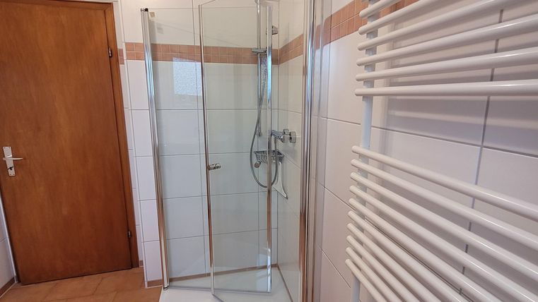 Ein modernes Badezimmer mit einer begehbaren Dusche aus Glas. Die Wände sind gefliest, und ein Handtuchheizkörper ist ebenfalls vorhanden.