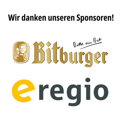 <p>Tekst "Wij danken onze sponsors!" met de bedrijfslogo's van de Bitburger Braugruppe GmbH en e-regio GmbH & Co. KG eronder.</p>