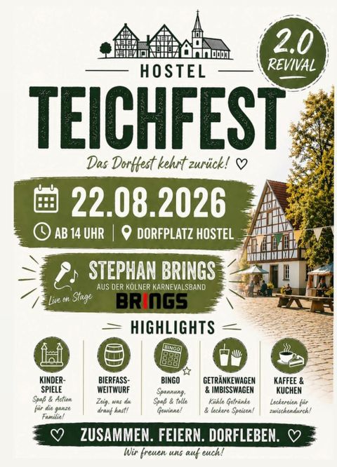Ein Plakat für das Teichfest im Hostel, das am 22. August 2026 stattfindet. Es zeigt Highlights wie Live-Musik, Kinder-Spiele und gastronomische Angebote.