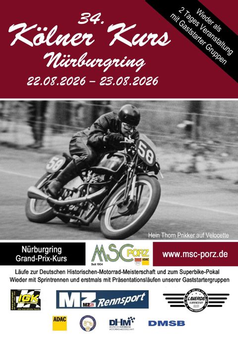 Een klassiek motorenrace met een coureur op een racecircuit. De afbeelding kondigt de 34e Kölner Kurs aan op de Nürburgring, die plaatsvindt van 22 tot 23 augustus 2026.