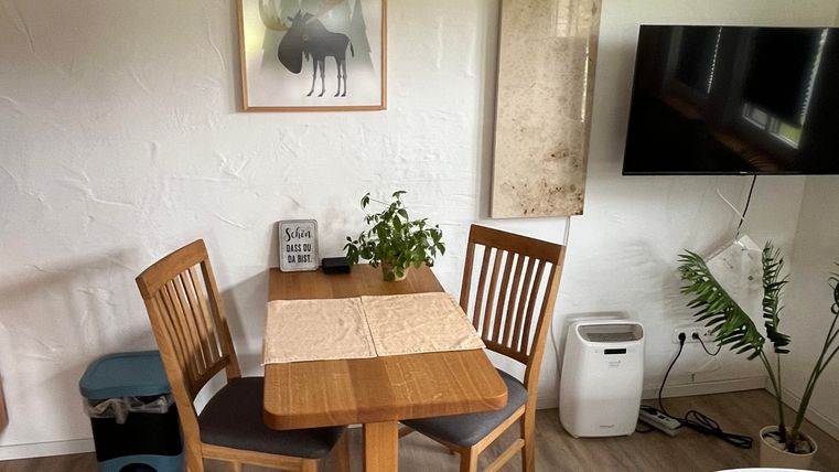 A bright living space with a small dining table and two chairs. A picture hangs on the wall and a television is set up.