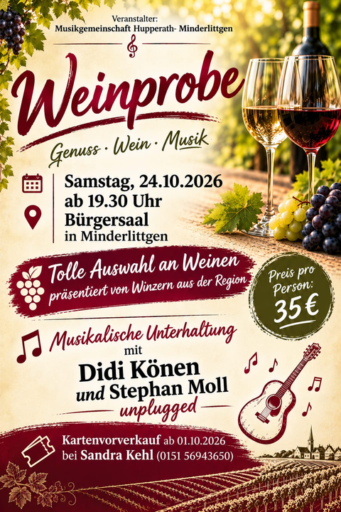 Eine Werbeanzeige für eine Weinprobe im Bürgersaal in Minderlittgen. Die Veranstaltung findet am 24. Oktober 2026 statt und bietet eine Auswahl an regionalen Weinen sowie musikalische Unterhaltung.