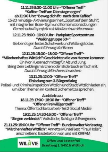 Eine Übersicht von Veranstaltungen in Wittlich, inklusive Kaffee-Treffen, Walking-Gruppen und Geschichtenabenden. Die Veranstaltungen sind offen und kostenfrei für die Teilnehmer.