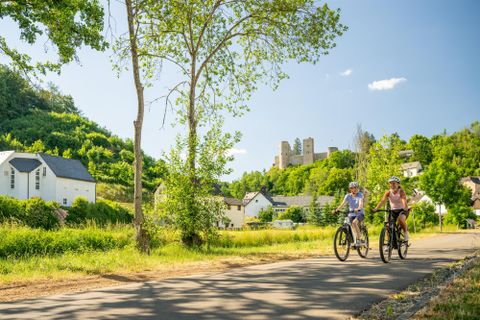 Cyclist on a path along green meadows, surrounded by trees and a historic castle in the background. The scenery radiates inviting nature and recreational activities.