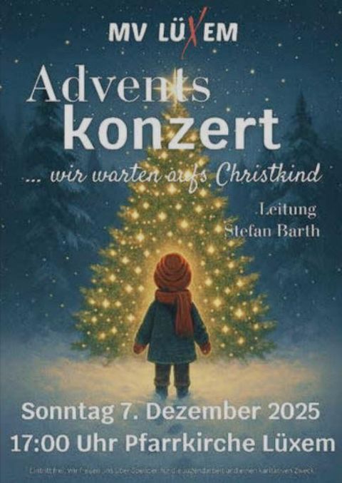 Een poster voor een adventsconcert met een kerstboom op de achtergrond. Het concert vindt plaats op zondag 7 december 2025 om 17:00 uur in de parochiekerk van Lüxem.