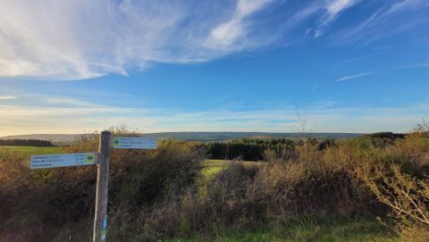 Une magnifique vue sur un paysage verdoyant sous un ciel bleu clair. Un panneau indicateur montre différents sentiers de randonnée.