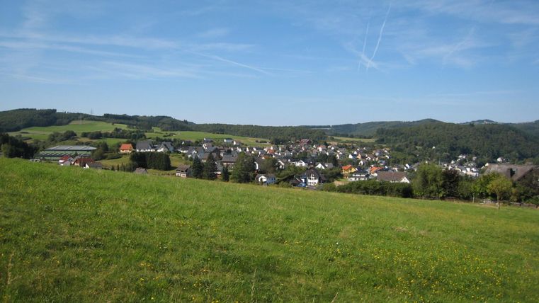 eine grüne Wiese udn im Hintergrund seiht man die Häuser von Adenau darüber blauer Himmel 