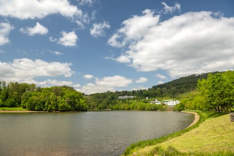 The reservoir in focus, surrounded by forests and buildings 