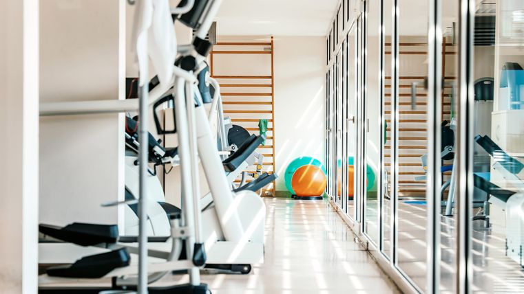 Ein moderner Fitnessraum mit verschiedenen Trainingsgeräten und großen Fenstern. Im Hintergrund sind ein Gymnastikball und ein helles, freundliches Ambiente zu sehen.
