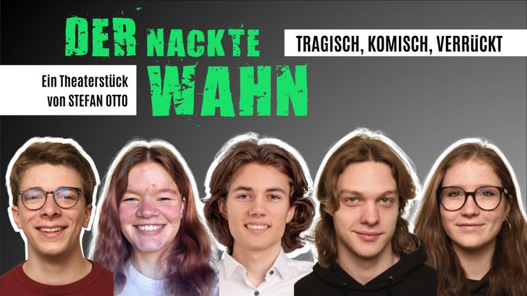 A group of young people stands at the edge of the picture. The text shows the title of a play and describes it as tragic, comedic, and crazy.