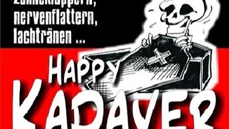 A cartoon skeleton lies in a coffin and smiles. The background is red and black with the text "Happy Cadaver".