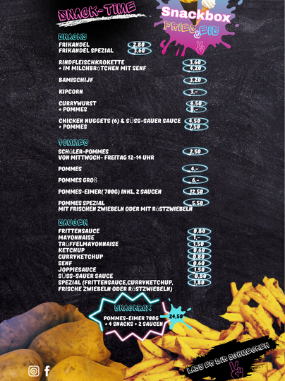 Un aperçu des offres de Snackbox avec différents aliments frits et leurs prix.
Frites, nuggets de poulet et autres snacks sont listés.