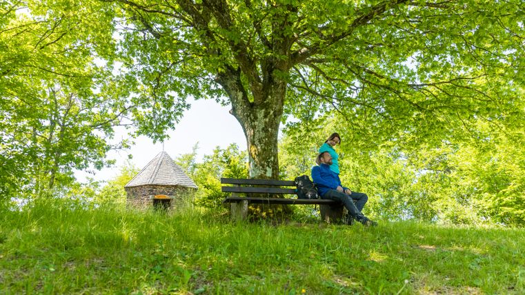 Two people sit smiling on a bench in the green under a tree. In the background is a small stone hut.