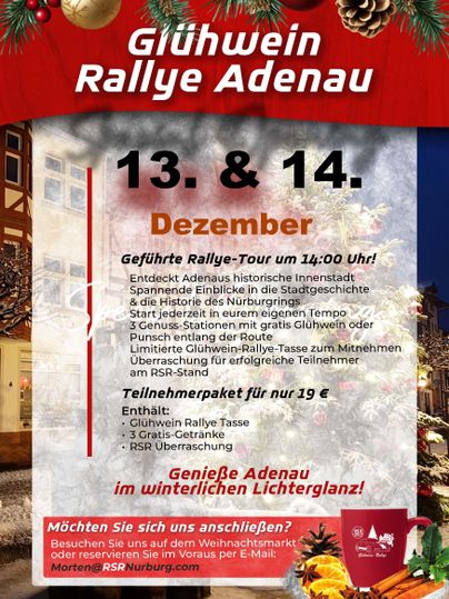 Ein Werbeplakat für die Glühwein Rallye in Adenau mit Informationen zu Terminen und Aktivitäten. Das Plakat zeigt festliche Elemente und eine einladende Atmosphäre für den Weihnachtsmarkt.