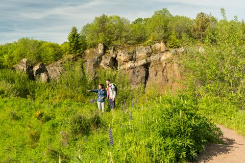 Deux randonneurs se tiennent sur un sentier verdoyant devant la paroi rocheuse du jardin volcanique de Steffeln.