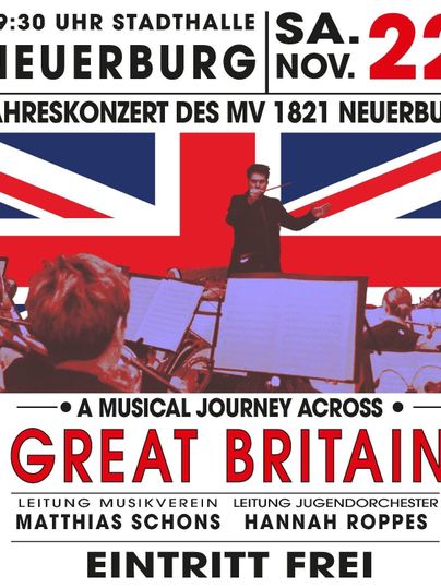 Ein Plakat für das Jahreskonzert des Musikvereins Neuerauburg, das am 23. November 2024 in der Stadthalle stattfindet. Der Titel des Konzerts lautet „Auf hoher See“ und der Eintritt ist frei.