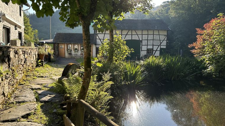 A picturesque pond surrounded by lush greenery and trees. In the background, a traditional house in half-timbered style can be seen.