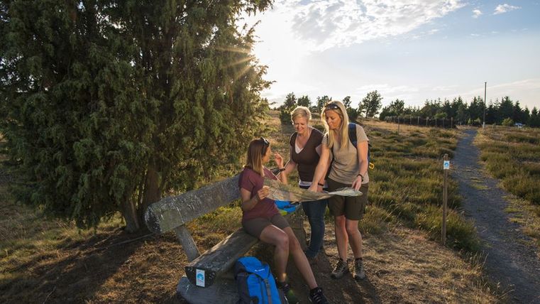 Drei Frauen betrachten eine Karte auf einer Bank in einer ländlichen Landschaft.