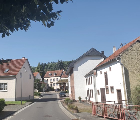 Dorfstraße in Dahlem mit traditionellen Häusern und roten Dächern unter klarem, blauem Himmel. Ein Auto parkt am Straßenrand., © TI Bitburger Land